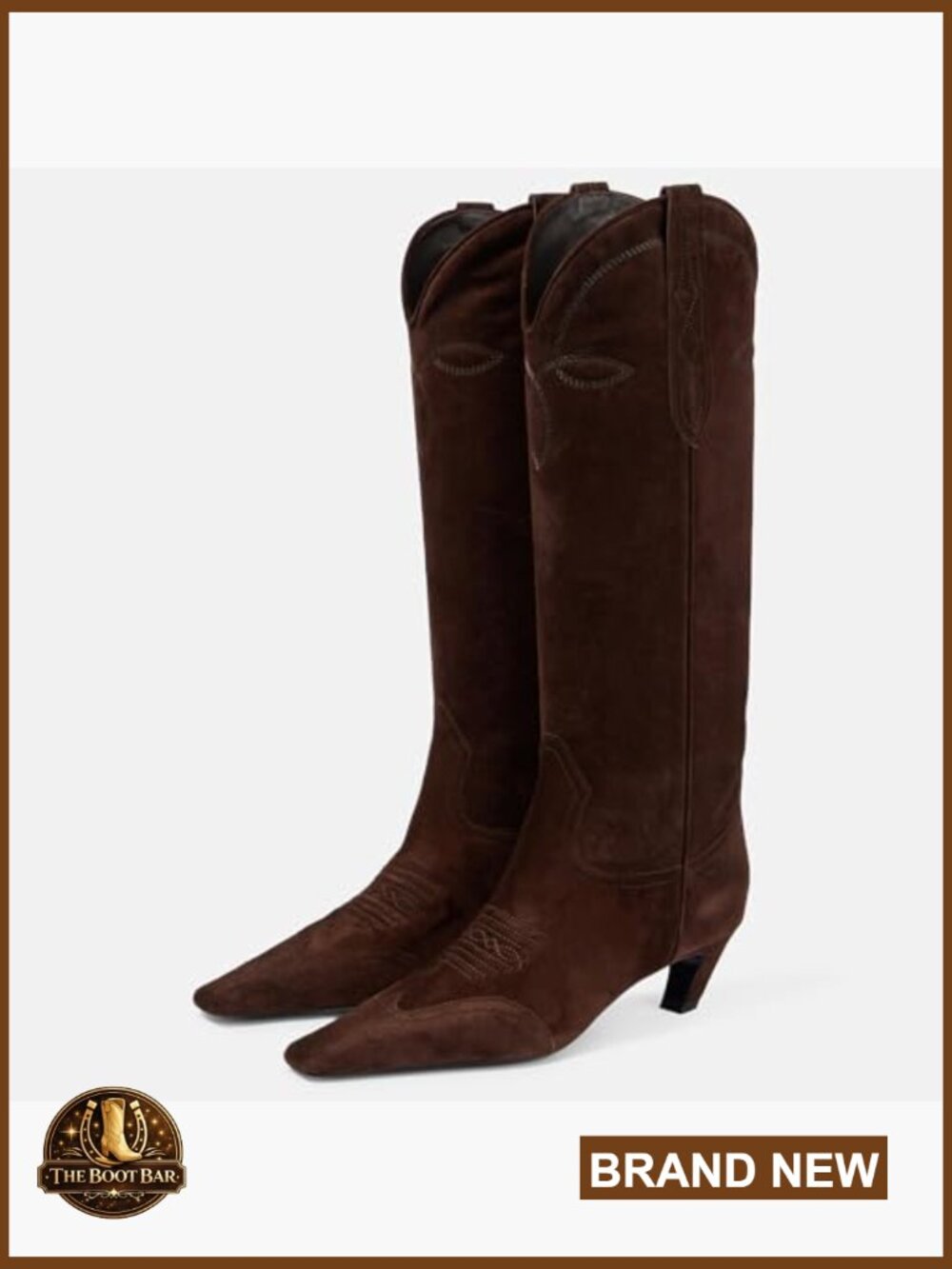 Suede Cowboy Knee High Boots Pointed Toe Kitten Heel Pull On Wide Calf - Picture 3 of 6